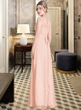 Yasmine A-Line Scoop Neck Floor-Length Chiffon Lace Bridesmaid Dress With Beading Bow(s) UKP0013229