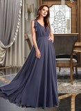 Kali A-Line V-neck Floor-Length Bridesmaid Dress With Ruffle UKP0013230