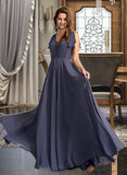 Kali A-Line V-neck Floor-Length Bridesmaid Dress With Ruffle UKP0013230