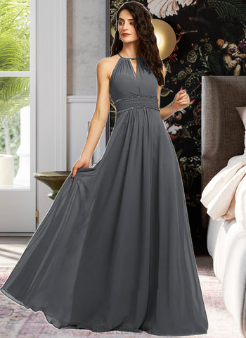 Kiara A-Line Halter Floor-Length Chiffon Bridesmaid Dress With Ruffle Beading Sequins UKP0013232