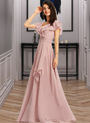 Nora A-Line V-neck Floor-Length Bridesmaid Dress With Ruffle Split Front UKP0013234