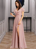 Nora A-Line V-neck Floor-Length Bridesmaid Dress With Ruffle Split Front UKP0013234