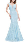 Sexy Fitted Lace Mermaid Blue V Neck Long Prom Dresses Evening Dresses SJS15334