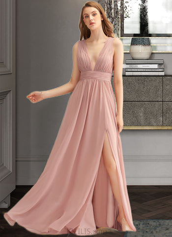 Laci A-LineV-neckFloor-LengthChiffonBridesmaidDressWithSplitFront#251361 UKP0013235