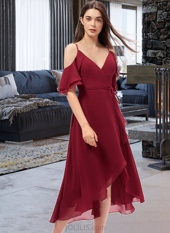 Jennifer A-Line V-neck Asymmetrical Chiffon Bridesmaid Dress With Cascading Ruffles UKP0013236