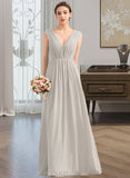 Paris A-Line V-neck Floor-Length Chiffon Lace Bridesmaid Dress With Ruffle UKP0013238