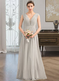 Paris A-Line V-neck Floor-Length Chiffon Lace Bridesmaid Dress With Ruffle UKP0013238