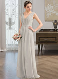 Paris A-Line V-neck Floor-Length Chiffon Lace Bridesmaid Dress With Ruffle UKP0013238