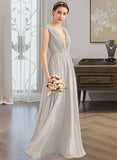 Paris A-Line V-neck Floor-Length Chiffon Lace Bridesmaid Dress With Ruffle UKP0013238