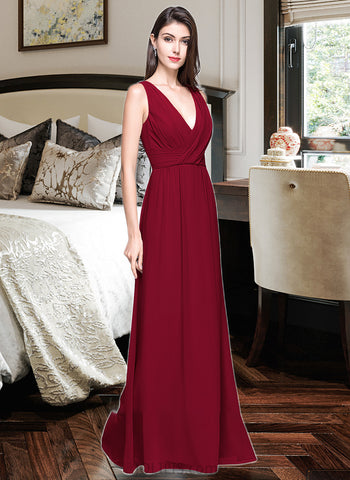 Deja A-line V-Neck Floor-Length Chiffon Bridesmaid Dress With Ruffle UKP0013240