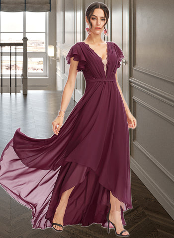 Gemma A-Line V-neck Asymmetrical Bridesmaid Dress With Lace Cascading Ruffles UKP0013243