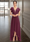 Gemma A-Line V-neck Asymmetrical Bridesmaid Dress With Lace Cascading Ruffles UKP0013243