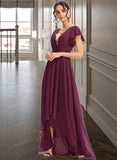 Gemma A-Line V-neck Asymmetrical Bridesmaid Dress With Lace Cascading Ruffles UKP0013243