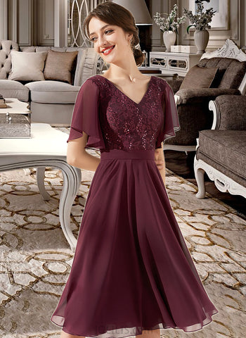 Muriel A-Line V-neck Knee-Length Chiffon Lace Bridesmaid Dress With Sequins UKP0013246