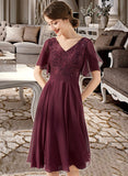 Muriel A-Line V-neck Knee-Length Chiffon Lace Bridesmaid Dress With Sequins UKP0013246