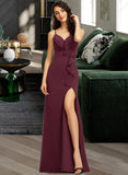 Aracely Sheath/Column V-neck Floor-Length Bridesmaid Dress With Ruffle Split Front UKP0013247