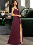 Aracely Sheath/Column V-neck Floor-Length Bridesmaid Dress With Ruffle Split Front UKP0013247