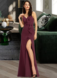 Aracely Sheath/Column V-neck Floor-Length Bridesmaid Dress With Ruffle Split Front UKP0013247