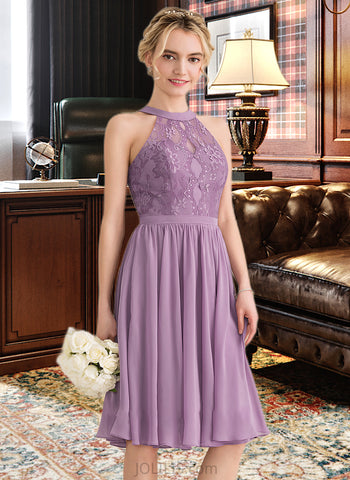 Destiny A-Line Scoop Neck Knee-Length Chiffon Lace Bridesmaid Dress UKP0013250