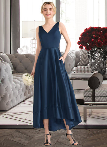 Naomi Ball-Gown/Princess V-neck Asymmetrical Satin Bridesmaid Dress With Pockets UKP0013251