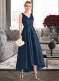 Naomi Ball-Gown/Princess V-neck Asymmetrical Satin Bridesmaid Dress With Pockets UKP0013251