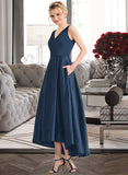 Naomi Ball-Gown/Princess V-neck Asymmetrical Satin Bridesmaid Dress With Pockets UKP0013251