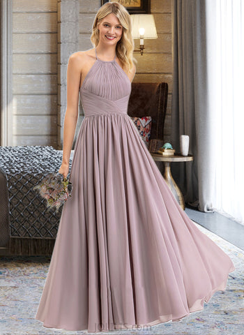 Itzel Empire Halter Floor-Length Chiffon Bridesmaid Dress With Ruffle Bow(s) UKP0013258