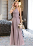 Itzel Empire Halter Floor-Length Chiffon Bridesmaid Dress With Ruffle Bow(s) UKP0013258