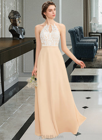 Ashanti A-Line Scoop Neck Floor-Length Chiffon Lace Bridesmaid Dress With Bow(s) UKP0013259