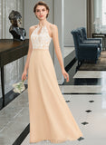 Ashanti A-Line Scoop Neck Floor-Length Chiffon Lace Bridesmaid Dress With Bow(s) UKP0013259