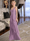 Brenna A-Line V-neck Floor-Length Chiffon Bridesmaid Dress With Cascading Ruffles UKP0013261