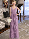 Brenna A-Line V-neck Floor-Length Chiffon Bridesmaid Dress With Cascading Ruffles UKP0013261