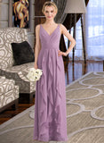 Brenna A-Line V-neck Floor-Length Chiffon Bridesmaid Dress With Cascading Ruffles UKP0013261