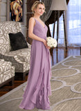 Brenna A-Line V-neck Floor-Length Chiffon Bridesmaid Dress With Cascading Ruffles UKP0013261