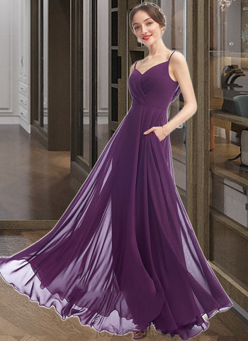 Elle A-Line V-neck Floor-Length Bridesmaid Dress With Pockets UKP0013263