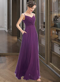 Elle A-Line V-neck Floor-Length Bridesmaid Dress With Pockets UKP0013263