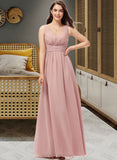 India A-Line V-neck Floor-Length Chiffon Bridesmaid Dress With Ruffle UKP0013266