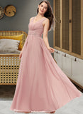 India A-Line V-neck Floor-Length Chiffon Bridesmaid Dress With Ruffle UKP0013266