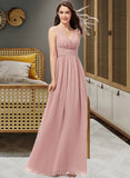 India A-Line V-neck Floor-Length Chiffon Bridesmaid Dress With Ruffle UKP0013266