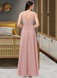 India A-Line V-neck Floor-Length Chiffon Bridesmaid Dress With Ruffle UKP0013266