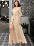 Brielle A-Line V-neck Floor-Length Chiffon Bridesmaid Dress With Ruffle Split Front UKP0013267