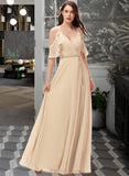 Brielle A-Line V-neck Floor-Length Chiffon Bridesmaid Dress With Ruffle Split Front UKP0013267