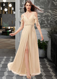 Brielle A-Line V-neck Floor-Length Chiffon Bridesmaid Dress With Ruffle Split Front UKP0013267