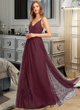 Kimora A-Line V-neck Floor-Length Chiffon Lace Bridesmaid Dress UKP0013268