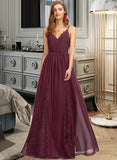 Kimora A-Line V-neck Floor-Length Chiffon Lace Bridesmaid Dress UKP0013268