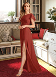 Mia A-Line High Neck Floor-Length Bridesmaid Dress With Ruffle Split Front UKP0013271