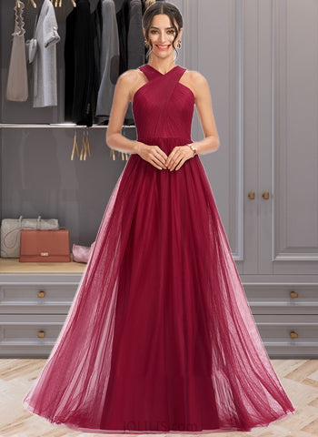 Glenda A-Line Halter Floor-Length Bridesmaid Dress With Ruffle UKP0013274