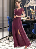 Heidi A-Line V-neck Floor-Length Bridesmaid Dress With Ruffle Split Front UKP0013276