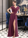 Heidi A-Line V-neck Floor-Length Bridesmaid Dress With Ruffle Split Front UKP0013276