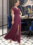 Heidi A-Line V-neck Floor-Length Bridesmaid Dress With Ruffle Split Front UKP0013276